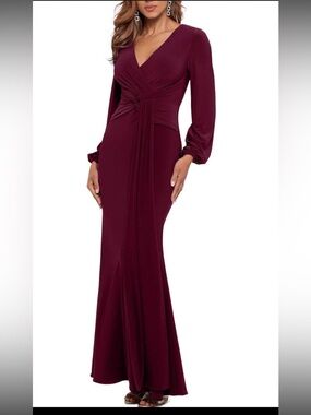 NWT $218 Betsy & Adam Burgundy Long Sleeve Draped V-Neck Maxi Dress Gown 2Petite